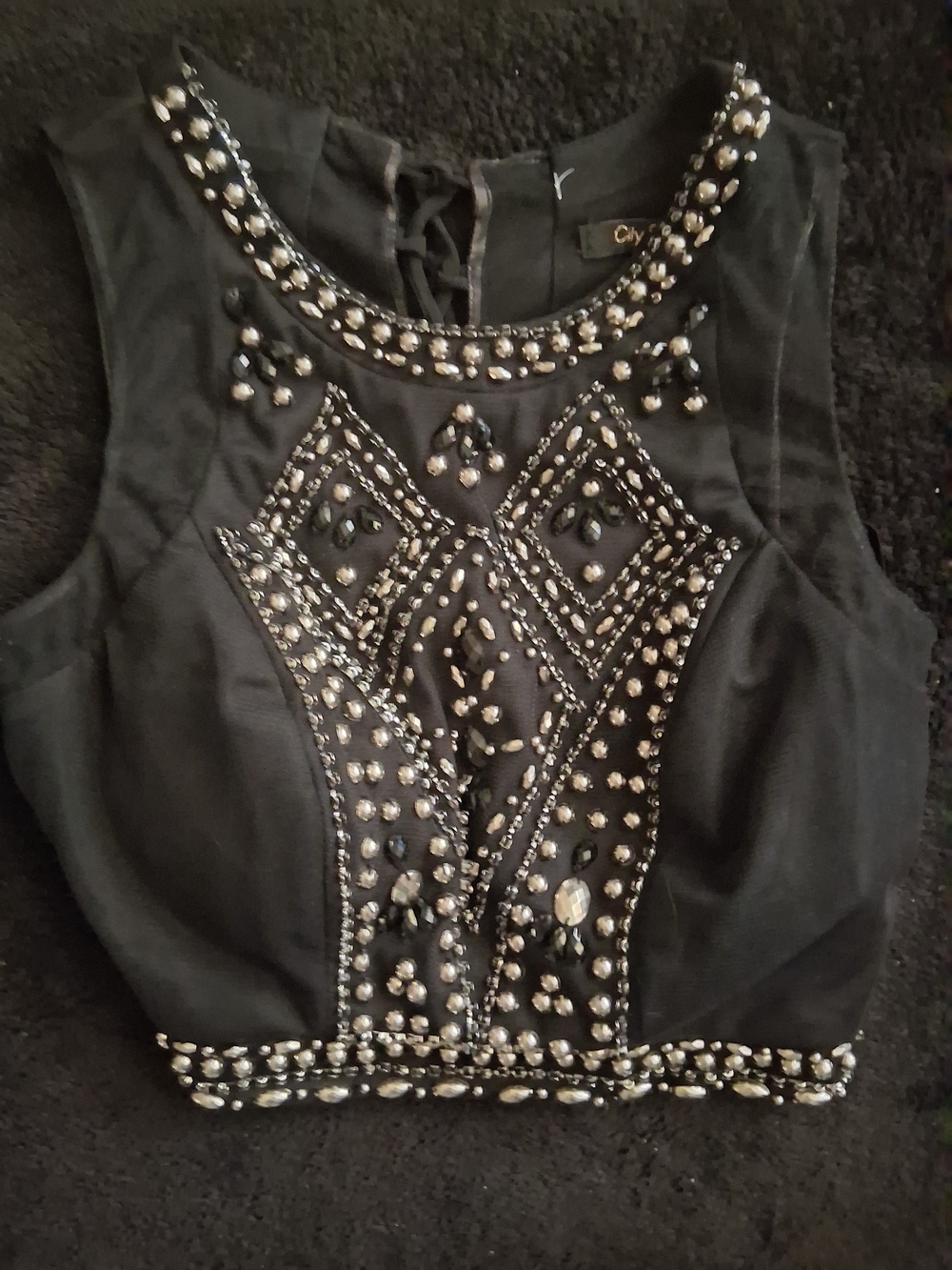 Nwot Black Padded Cup Front Mesh Back Croset Tie Back Embellished Crop Top